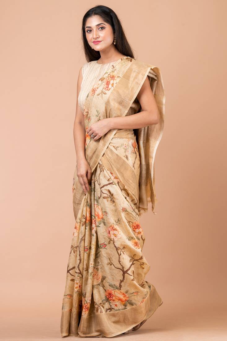 Indiloom Beige Digital Print Tussar Zari Saree With Blouse Print