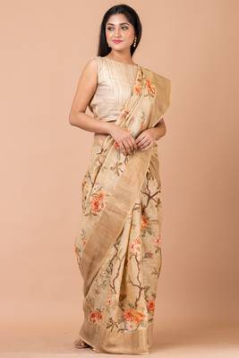 Indiloom Beige Digital Print Tussar Zari Saree With Blouse Print 1