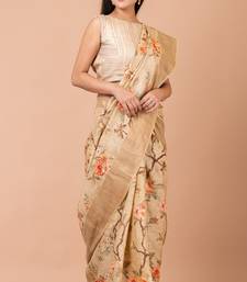 Indiloom Beige Digital Print Tussar Zari Saree With Blouse Print