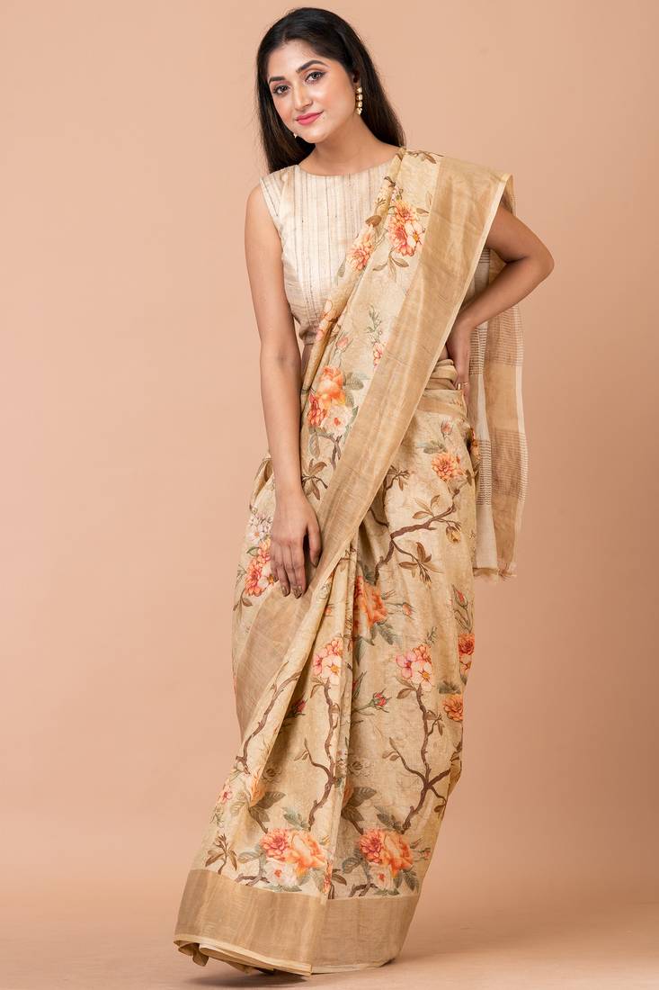 Indiloom Beige Digital Print Tussar Zari Saree With Blouse Print