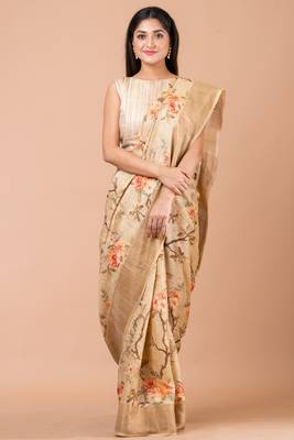 Indiloom Beige Digital Print Tussar Zari Saree With Blouse Print 5