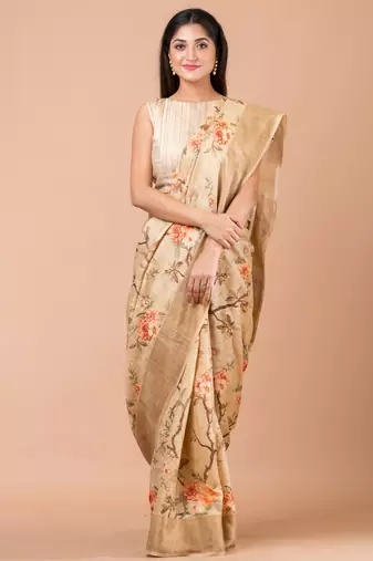 Indiloom Beige Digital Print Tussar Zari Saree With Blouse Print