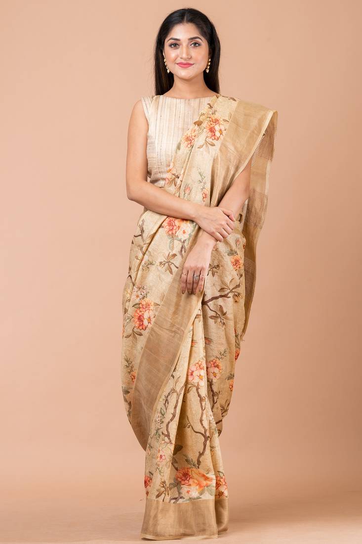 Indiloom Beige Digital Print Tussar Zari Saree With Blouse Print