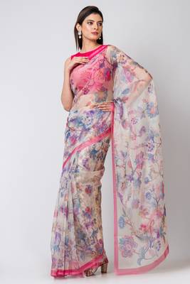 Indiloom Yellow Digital Print Organza Saree With Blouse Piece 1