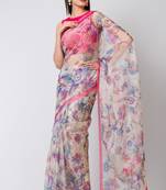 Indiloom Yellow Digital Print Organza Saree With Blouse Piece