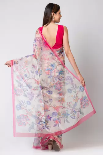 Indiloom Yellow Digital Print Organza Saree With Blouse Piece