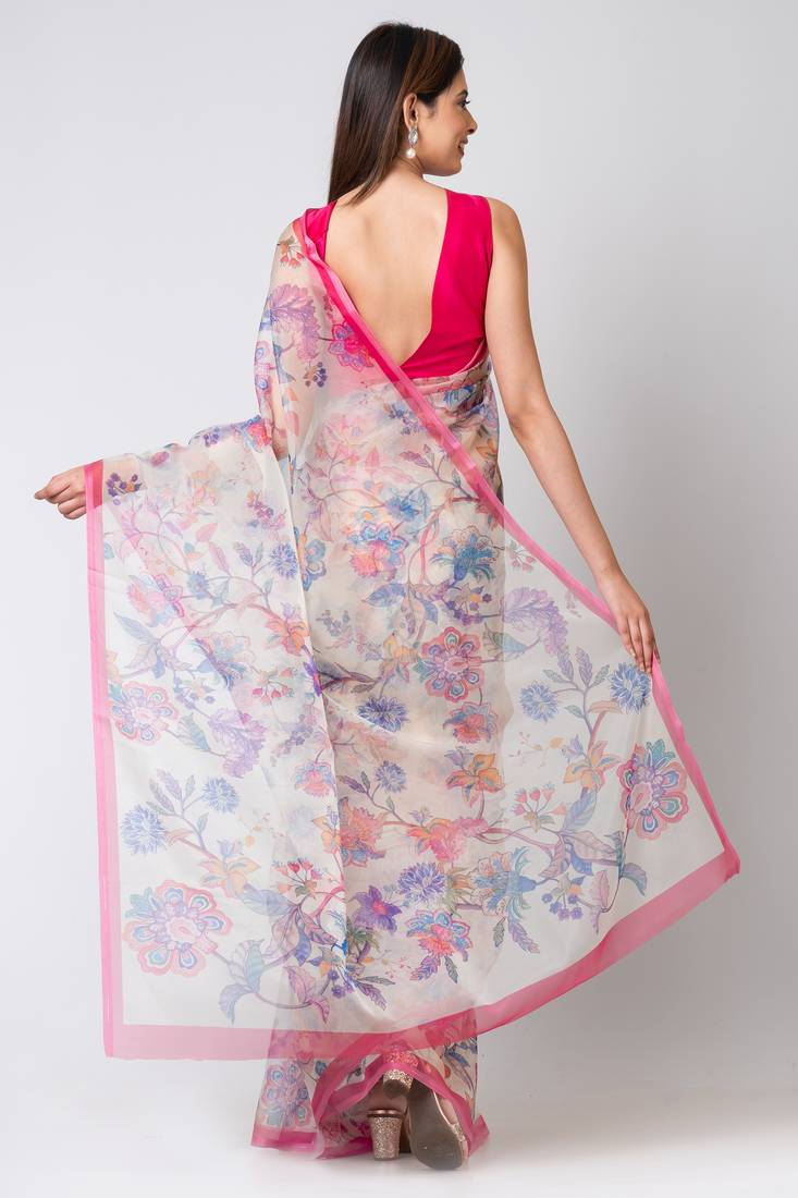 Indiloom Yellow Digital Print Organza Saree With Blouse Piece