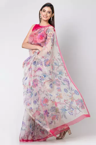 Indiloom Yellow Digital Print Organza Saree With Blouse Piece