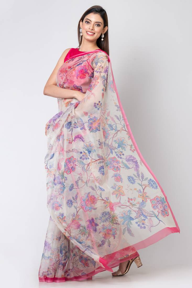 Indiloom Yellow Digital Print Organza Saree With Blouse Piece