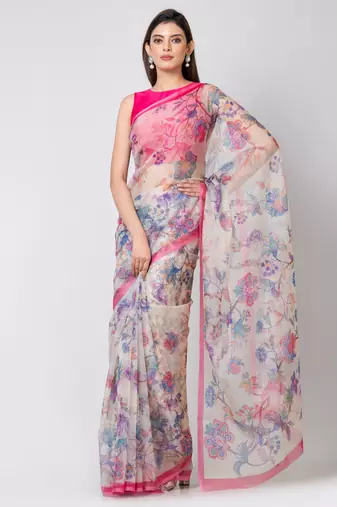 Indiloom Yellow Digital Print Organza Saree With Blouse Piece
