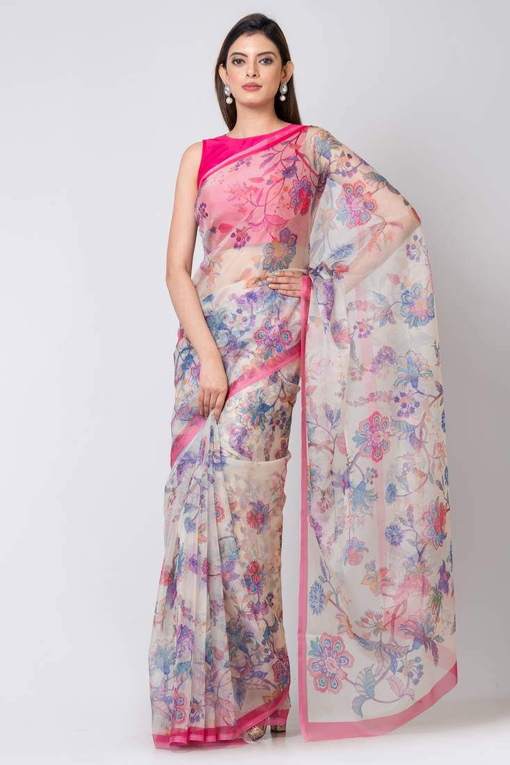 Indiloom Yellow Digital Print Organza Saree With Blouse Piece