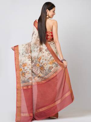 Indiloom Beige Digital Print Chanderi Zari Saree With Blouse Piece 2