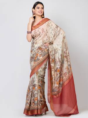 Indiloom Beige Digital Print Chanderi Zari Saree With Blouse Piece 3