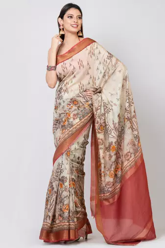 Indiloom Beige Digital Print Chanderi Zari Saree With Blouse Piece