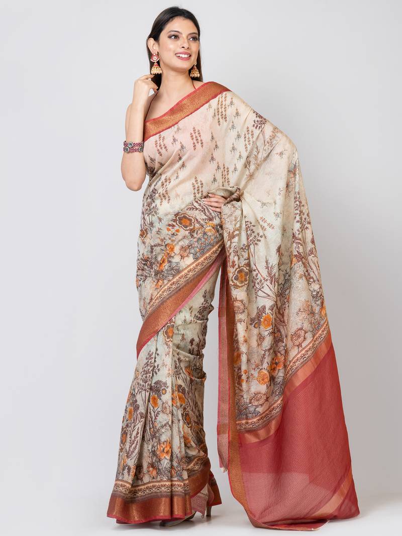 Indiloom Beige Digital Print Chanderi Zari Saree With Blouse Piece