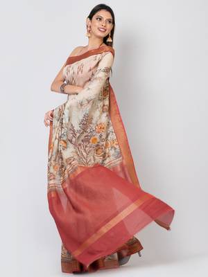 Indiloom Beige Digital Print Chanderi Zari Saree With Blouse Piece 4