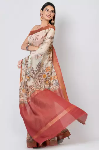 Indiloom Beige Digital Print Chanderi Zari Saree With Blouse Piece
