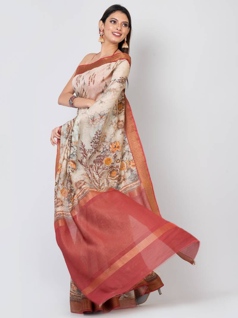 Indiloom Beige Digital Print Chanderi Zari Saree With Blouse Piece