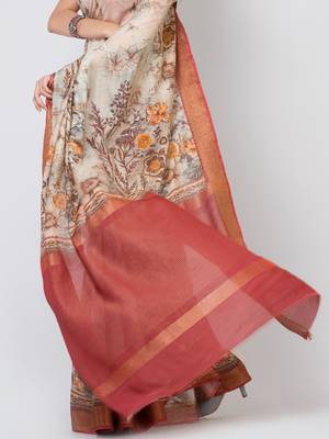 Indiloom Beige Digital Print Chanderi Zari Saree With Blouse Piece 5