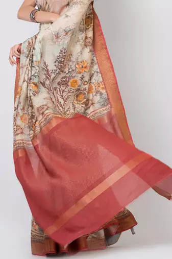 Indiloom Beige Digital Print Chanderi Zari Saree With Blouse Piece