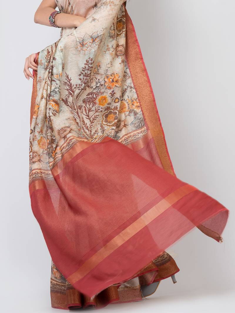 Indiloom Beige Digital Print Chanderi Zari Saree With Blouse Piece