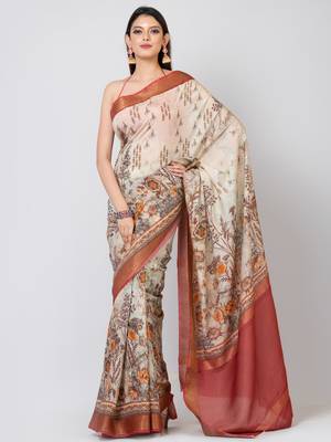 Indiloom Beige Digital Print Chanderi Zari Saree With Blouse Piece 1