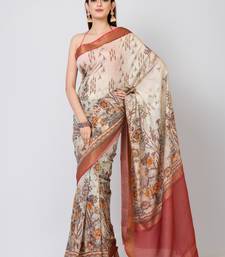 Indiloom Beige Digital Print Chanderi Zari Saree With Blouse Piece