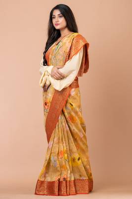 Indiloom Mustard Yellow Digital Print Chanderi Zari Saree With Blouse Piece 2