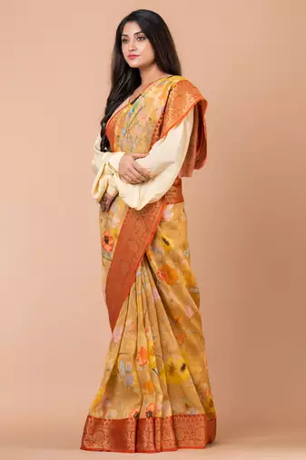 Indiloom Mustard Yellow Digital Print Chanderi Zari Saree With Blouse Piece
