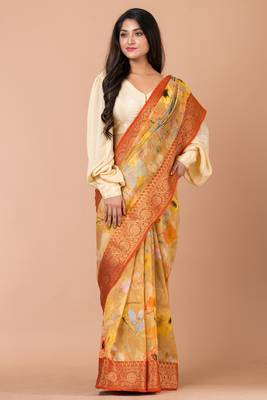 Indiloom Mustard Yellow Digital Print Chanderi Zari Saree With Blouse Piece 1