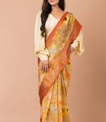 Indiloom Mustard Yellow Digital Print Chanderi Zari Saree With Blouse Piece