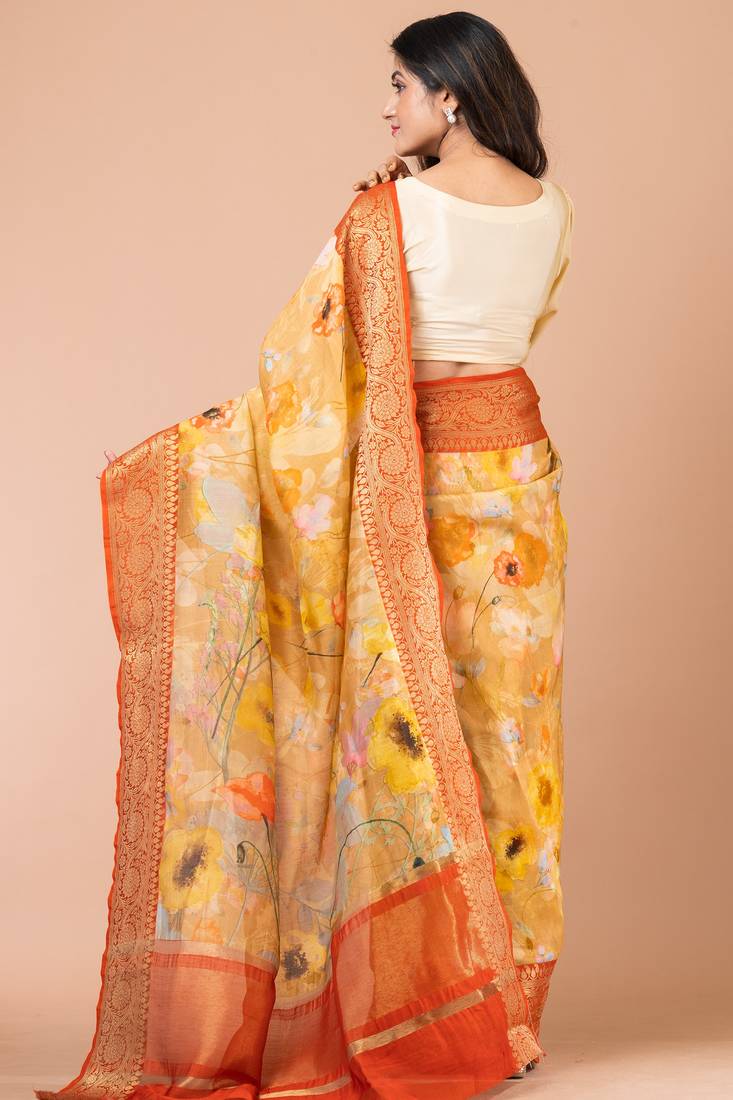 Indiloom Mustard Yellow Digital Print Chanderi Zari Saree With Blouse Piece