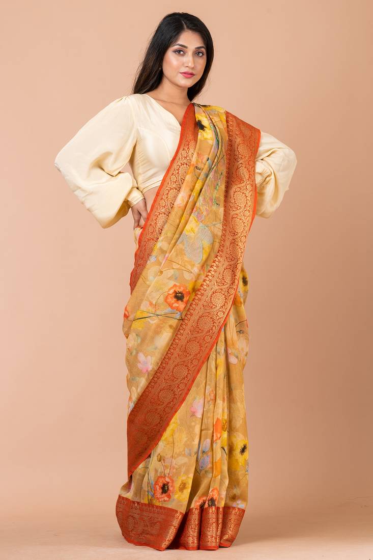 Indiloom Mustard Yellow Digital Print Chanderi Zari Saree With Blouse Piece