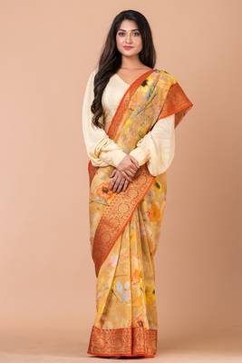 Indiloom Mustard Yellow Digital Print Chanderi Zari Saree With Blouse Piece 5