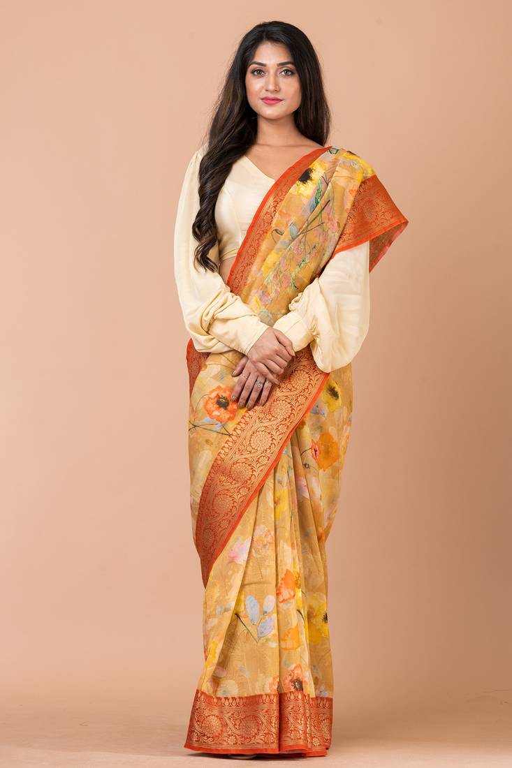 Indiloom Mustard Yellow Digital Print Chanderi Zari Saree With Blouse Piece