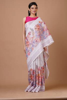 Indiloom White Digital Print Kasavu Kerela Cotton Saree With Blouse Piece 1