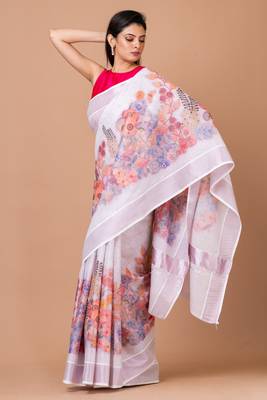 Indiloom White Digital Print Kasavu Kerela Cotton Saree With Blouse Piece 2