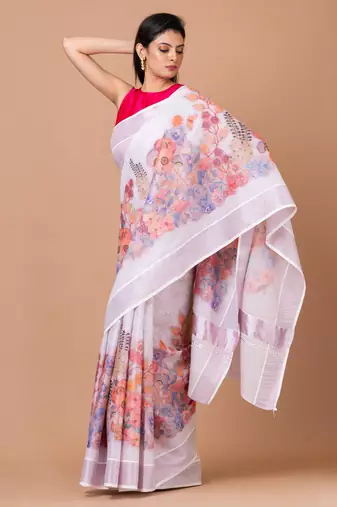 Indiloom White Digital Print Kasavu Kerela Cotton Saree With Blouse Piece