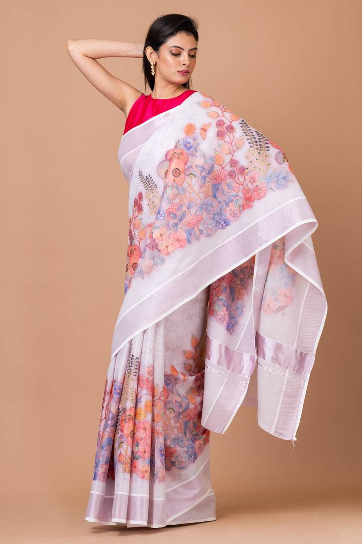 Indiloom White Digital Print Kasavu Kerela Cotton Saree With Blouse Piece