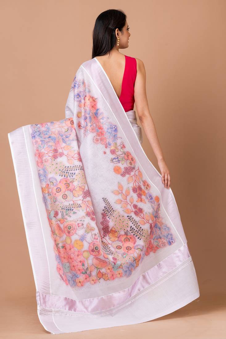 Indiloom White Digital Print Kasavu Kerela Cotton Saree With Blouse Piece