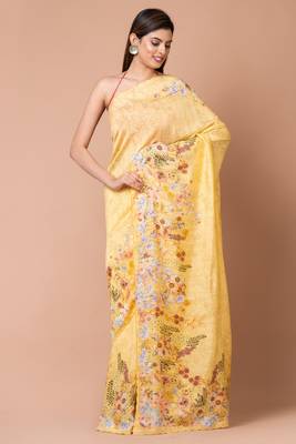Indiloom Yellow Digital Print Woven Sequence Crepe Saree With Blouse Piece 1