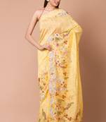 Indiloom Yellow Digital Print Woven Sequence Crepe Saree With Blouse Piece