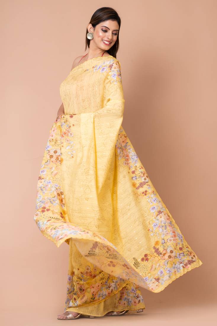 Indiloom Yellow Digital Print Woven Sequence Crepe Saree With Blouse Piece