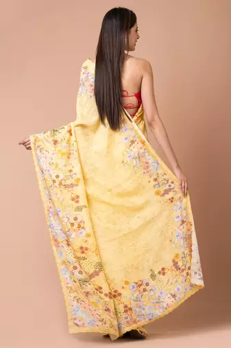 Indiloom Yellow Digital Print Woven Sequence Crepe Saree With Blouse Piece