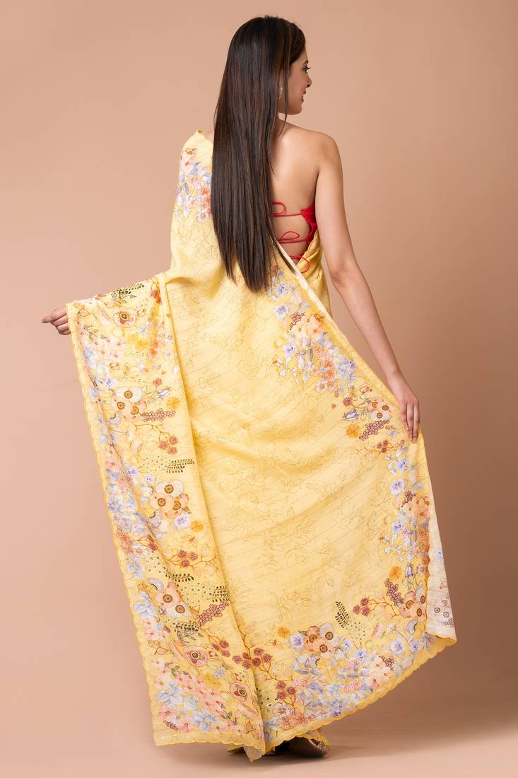 Indiloom Yellow Digital Print Woven Sequence Crepe Saree With Blouse Piece