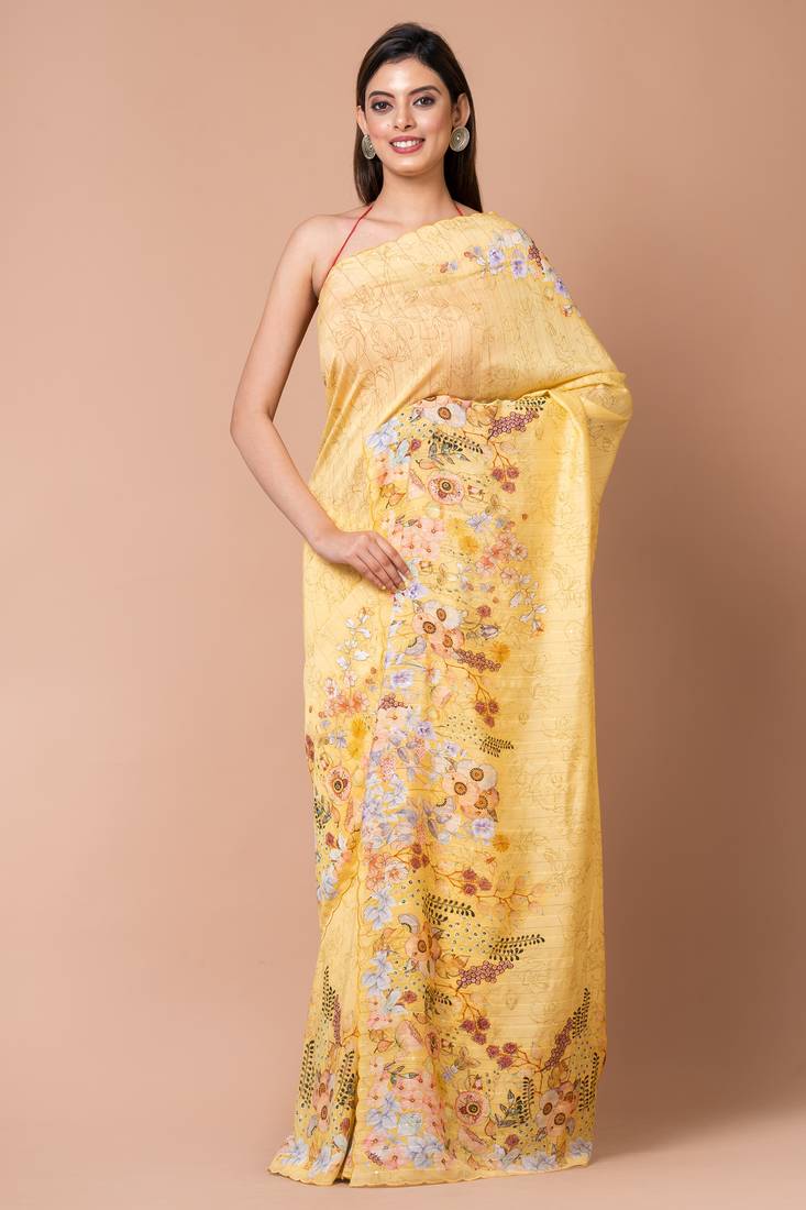 Indiloom Yellow Digital Print Woven Sequence Crepe Saree With Blouse Piece