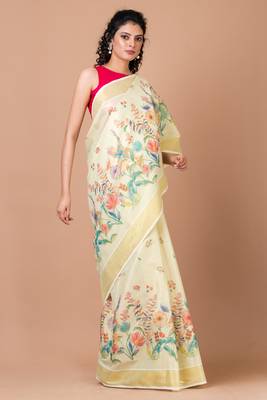 Indiloom Yellow Digital Print Kasavu Kerela Cotton Saree With Blouse Piece 1