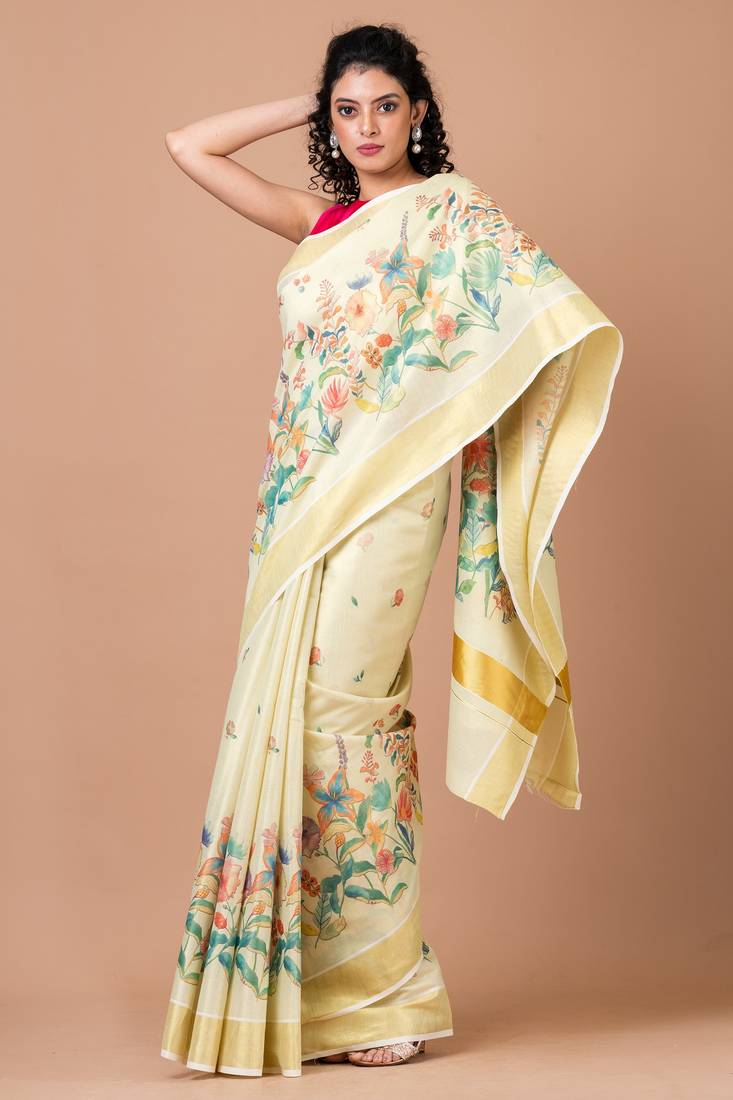 Indiloom Yellow Digital Print Kasavu Kerela Cotton Saree With Blouse Piece