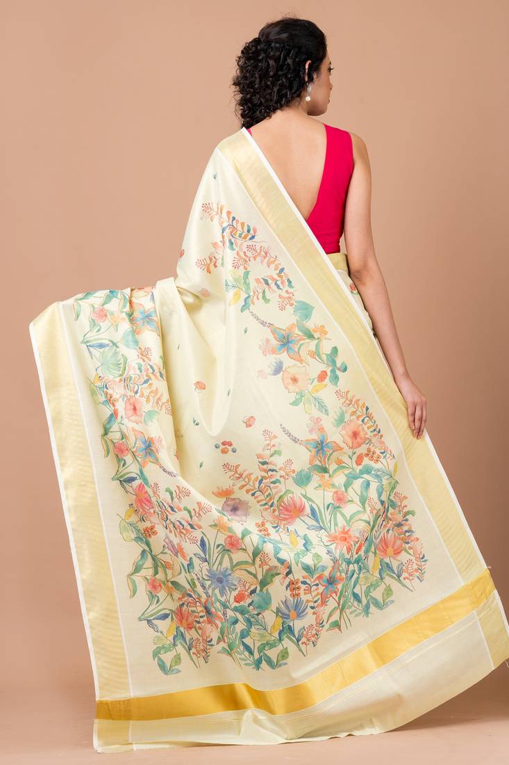 Indiloom Yellow Digital Print Kasavu Kerela Cotton Saree With Blouse Piece