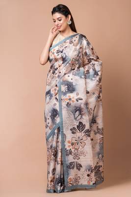 Indiloom Cream Digital Print Semi Tussar Saree With Blouse Piece 1